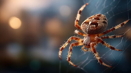 Detailed close-up of a european garden spider resting on its intricate web