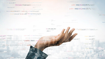 a hand reaches out amidst a backdrop of digital code and an urban skyline, symbolizing the intersect