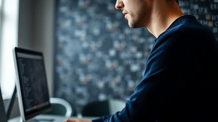 A developer in a dark blue sweater works intently at a minimalist desk with soft lighting.