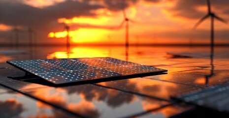 Solar panels at sunset with wind turbines