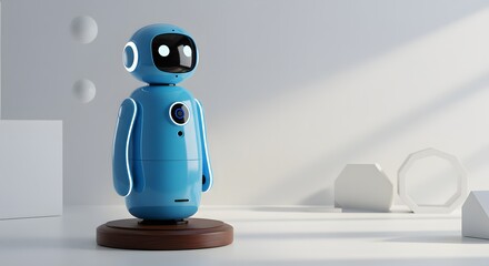A light blue robot stands on a dark wooden base in a minimalist white room.