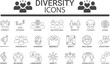 © Designstor09 - Diversity Line art icon set. Containing equality, culture, languages, tolerance, difference, belonging, human rights, and ethnicity icons. Solid icon collection. Vector illustration.