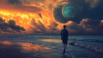 Wall Mural - Silhouette of a person walking on a beach with a giant planet in the sky.