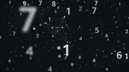 Wall Mural - Abstract digital representation with numbers, dots, and a connected geometric shape against a dark background.