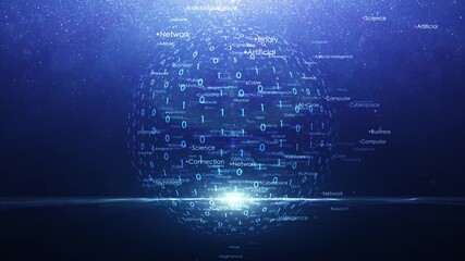 Wall Mural - futuristic blue shining background with technology word cloud and computer data sphere loop animatio