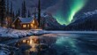 © Beer AI - Northern Lights over snowy mountain cabin