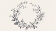 © Chaikit - elegant circular garland featuring minimal floral illustrations, refined hand drawn botanical elements, light and airy leaf arrangements, simple line art style, romantic curved stems and petals,