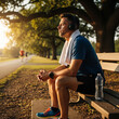 © Sumanta - young man sitting. Hispanic man across a lake during a heavy rainstorm wearing dark blue compression pants, and headphones.