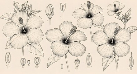 Naklejka na meble Botanical illustration with hibiscus flowers buds and plant anatomy