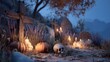 © Josiah - Haunting Halloween display featuring skeleton bones and carved pumpkins in a spooky graveyard setting
