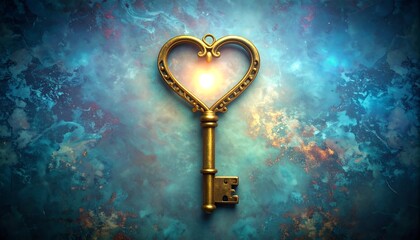 Antique key with heart shape in center, glowing warmly