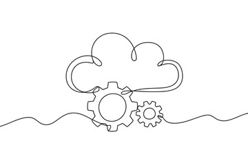 Cloud computing with gears in a continuous line drawing style