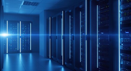 Row of network servers with glowing led lights