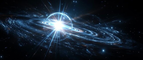 Wall Mural - Anamorphic video Quantum Entanglement Concept with Glowing Lines and Stars. Perfect for science-related projects, presentations on quantum computing, cosmology 