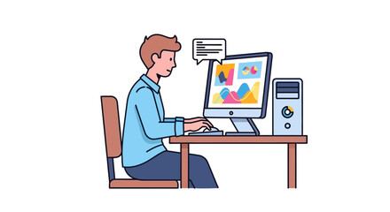 Digital Artist Working at Computer Creating Visual Designs and Graphics in His Office or Home Studio with Thoughtful Expression