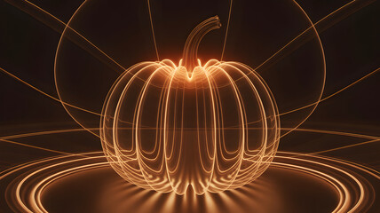 Glowing orange pumpkin made of light lines on a dark background