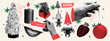 © MandarinkaArt - Halftone New Year and Christmas collage set with vintage cutout elements. Christmas tree, candle, lips, hand with glss of champagne, toy, elf, strawberry in trendy retro pop art style