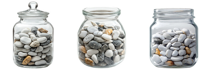 Set of Clear Glass Jars Filled with Smooth White and Gray Pebbles Isolated on Transparent Background