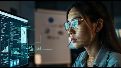 Woman Analyzes Data on Computer Screen with Futuristic Interface Night