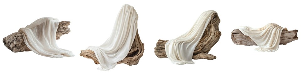 White Cotton Fabric Draped Over Natural Driftwood Isolated on Transparent Background