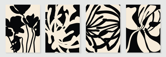 Wall Mural - Abstract botanical poster vector set. Leaves, flower with watercolor and grain texture in monochrome. Illustration design for Eco packaging, interior, cover, wall art, wallpaper.