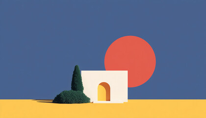 Minimalist modern building illustration with clean geometric lines on white background, abstract architectural facade design for real estate branding, marketing, property development or banner layout