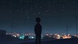 © Pianart - A stylized illustration of a child silhouetted against a starlit night sky, overlooking a distant city's twinkling lights from a rooftop