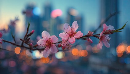 Pink blossoms bloom against city lights at twilight