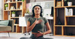 © peopleimages.com - Woman, breathing or audio therapy with headphones for zen exercise or technique in home. Female person, yoga and relaxation with sound or meditation for inner peace, mindfulness or balance in house