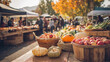 © T-elle - A vibrant farmers market scene with baskets of fresh produce including apples, pumpkins, and vegetables. The market is bustling with people enjoying a sunny autumn day, surrounded by colorful fall