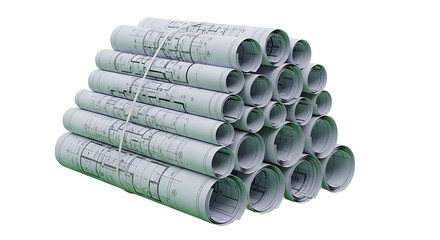 stack of rolled architectural blueprints.