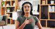 © peopleimages.com - Woman, relax and audio therapy with headphones for zen, breathing exercise or technique in home. Female person, yoga and relaxation with sound in meditation for inner peace, mindfulness or balance