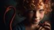 © Image Tree - A young child with red hair and light eyes wearing devil horns is smiling while holding a small red bat figurine in their hands.