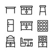 © Svitlana - Kitchen Furniture Icons. Outline icon set of kitchen furniture: dining table, kitchen island, bar stool, pantry cabinet, buffet,