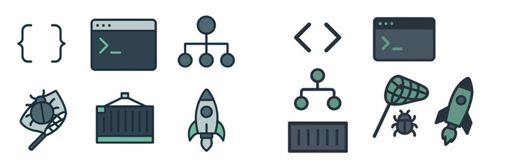 software development and debugging icons, minimalist flat design