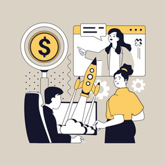 Wall Mural - Startup concept for modern web design. People launching new business spaceship, planning entrepreneurship strategy, developing company with inspirations, success achievement. Vector illustration.