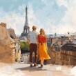 © PirisaTK - Couple on a Paris rooftop gazing at the Eiffel Tower across sunlit rooftops - a romantic illustrated cityscape evoking travel and nostalgia.