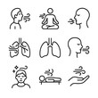 © Влада Яковенко - Wind Health Icon Set. Outline icon set of wind in health: breathing exercise, yoga, fresh air, respiratory system, lung capacity,