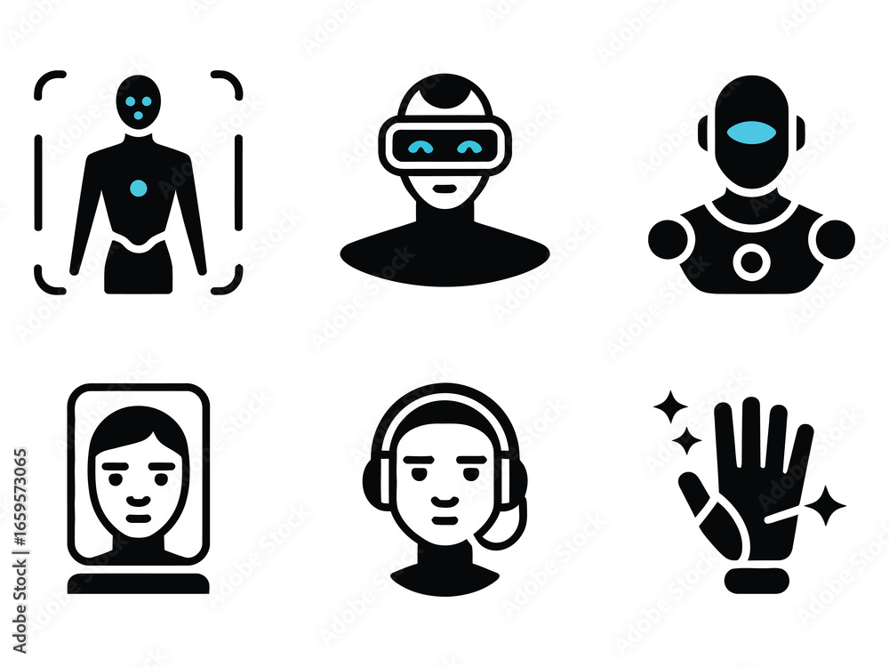 AI Technology and Human Interaction Vector Illustrations – Black and ...