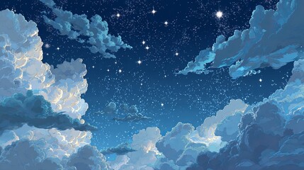 Wall Mural - Dreamy night sky filled with twinkling stars and soft fluffy clouds evokes serenity and wonder