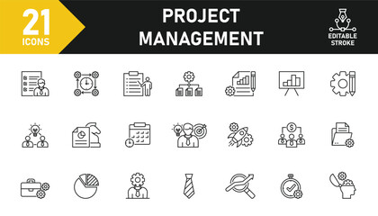 Wall Mural - Project Management line icon set. Set of 21 outline icons related to collaboration, task management, strategy, assessment, leadership, quality control and others. Editable stroke. Vector illustration.