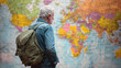 © Katerina Bond - Senior man with backpack looking at colorful world map, wearing denim jacket, symbolizing travel, exploration and adventure planning in global or educational context. Selective focus.