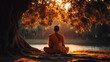 © wonggo - Spiritual Monk Sitting Under Tree by River at Sunset – Mindful Meditation and Bodhi Day Enlightenment Practice