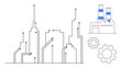 © robu_s - Geometric city skyline linked by circuits, factory with chimneys, and two large gears symbolize technology, innovation, automation, urban planning, manufacturing, smart cities, and simple landing