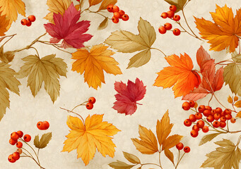 Poster - A seamless pattern of scattered autumn maple leaves and rowan berries in vibrant orange, yellow, red, and brown hues on a textured cream background