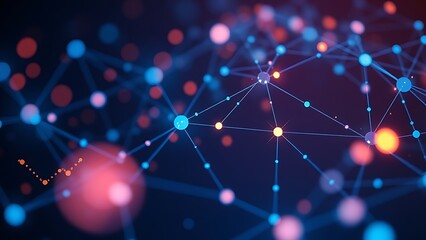 Abstract network of glowing nodes and connections in blue and orange floating in space.