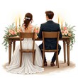 © Pete - Illustration of bride and groom in wedding dress sitting at table from back. Wedding bouquet, candles, celebration theme. Newlyweds in elegant attire, romantic candlelight dinner on wedding day.
