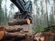 © ai_katrin - a logging machine cutting down tall pine trees in the middle of a forest