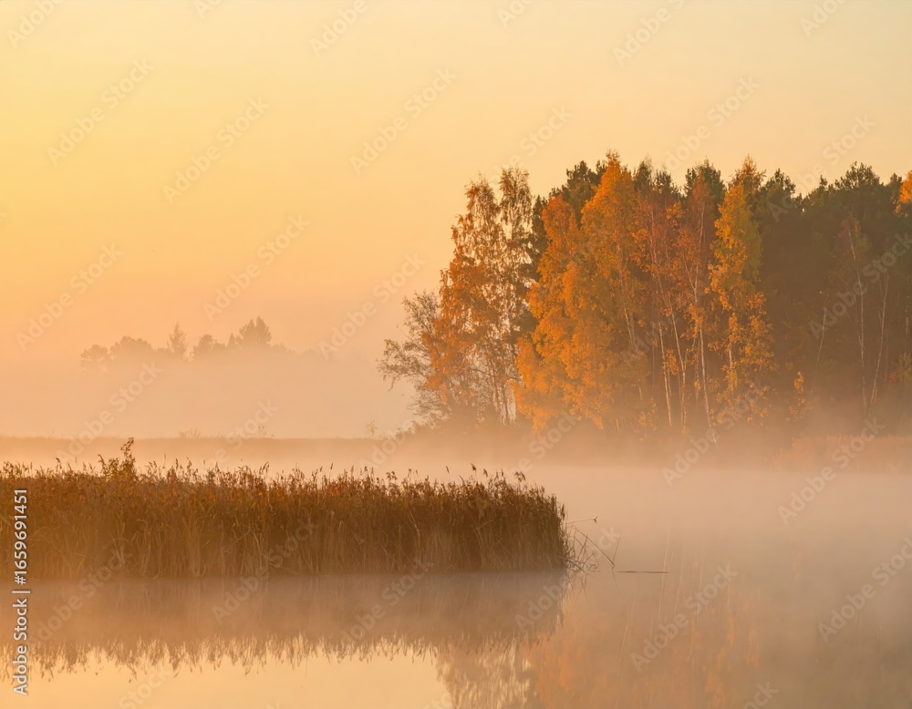 Misty autumn morning landscape over calm lake Stock Photo | Adobe Stock