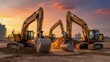 © Sohail - Heavy Machinery at Dusk: A fleet of industrial excavators stands poised against a colorful sky, embodying the strength and progress of construction. Evoking a sense of dynamism and industry.